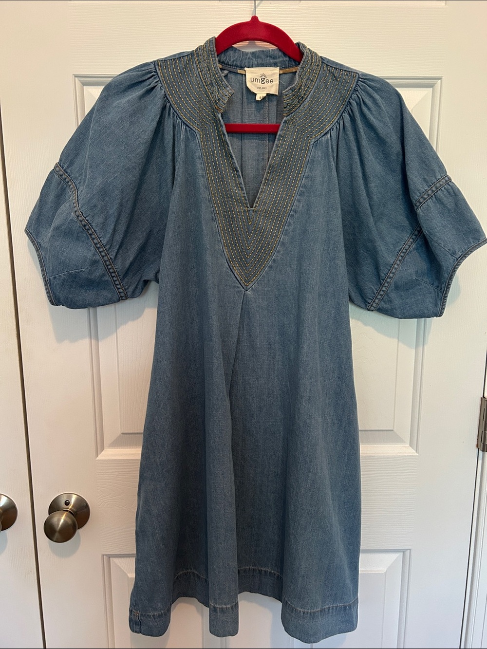 Umgee Light Blue Denim V-Neck Puff Sleeve Midi Dress